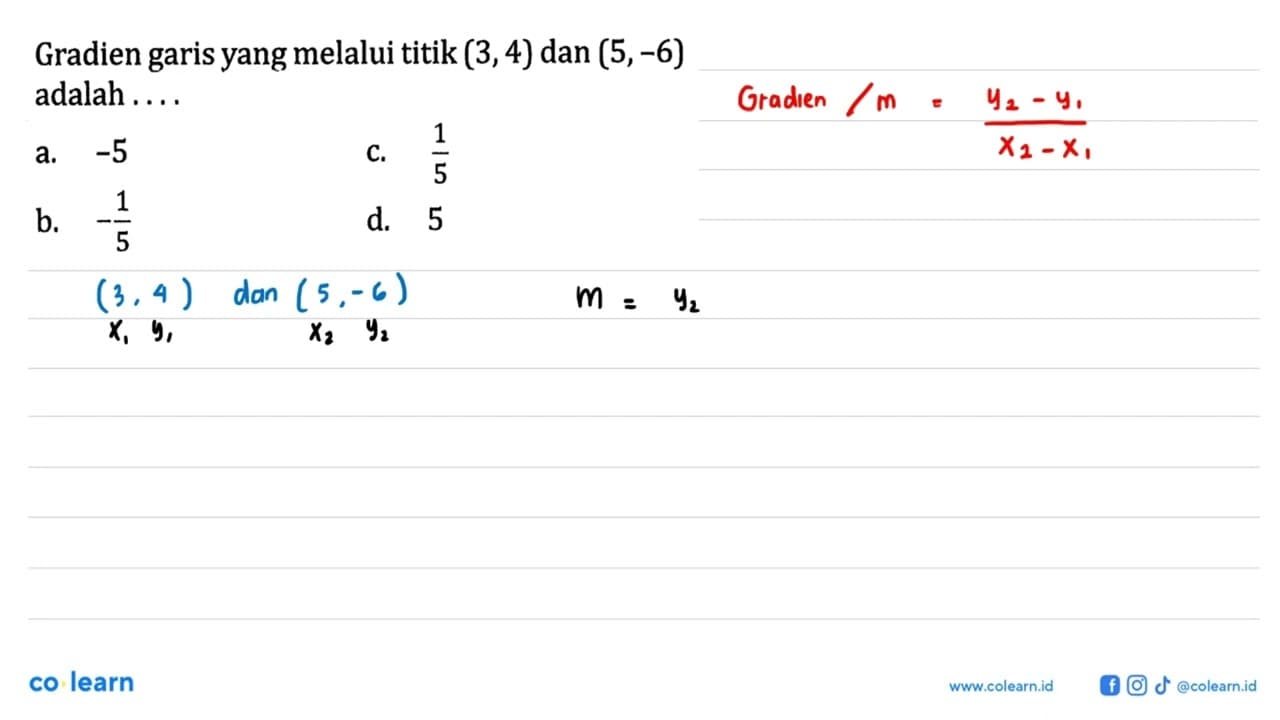 Gradien garis yang melalui titik (3,4) dan (5,-6) adalah