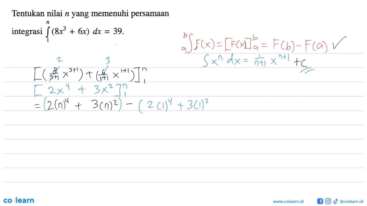 Tentukan nilai n yang memenuhi persamaan integrasi integral