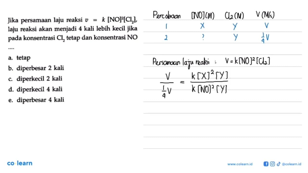 Jika persamaan laju reaksi v=[NO]^2[Cl2], laju reaksi akan