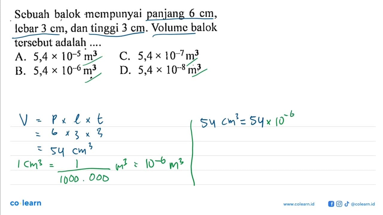 Scbuah balok mempunyai panjang 6 Cm, Iebar 3 cm, dan tinggi