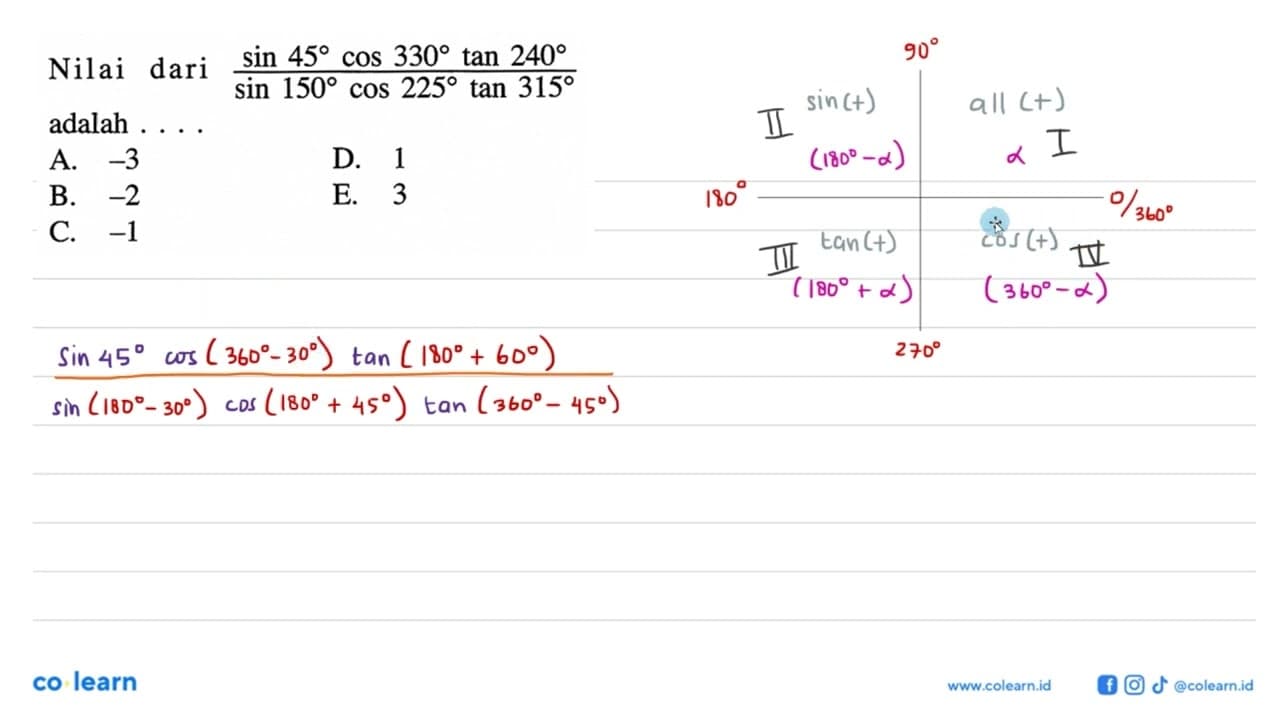 Nilai dari (sin 45 cos 330 tan 240)/(sin 150 cos 225 tan