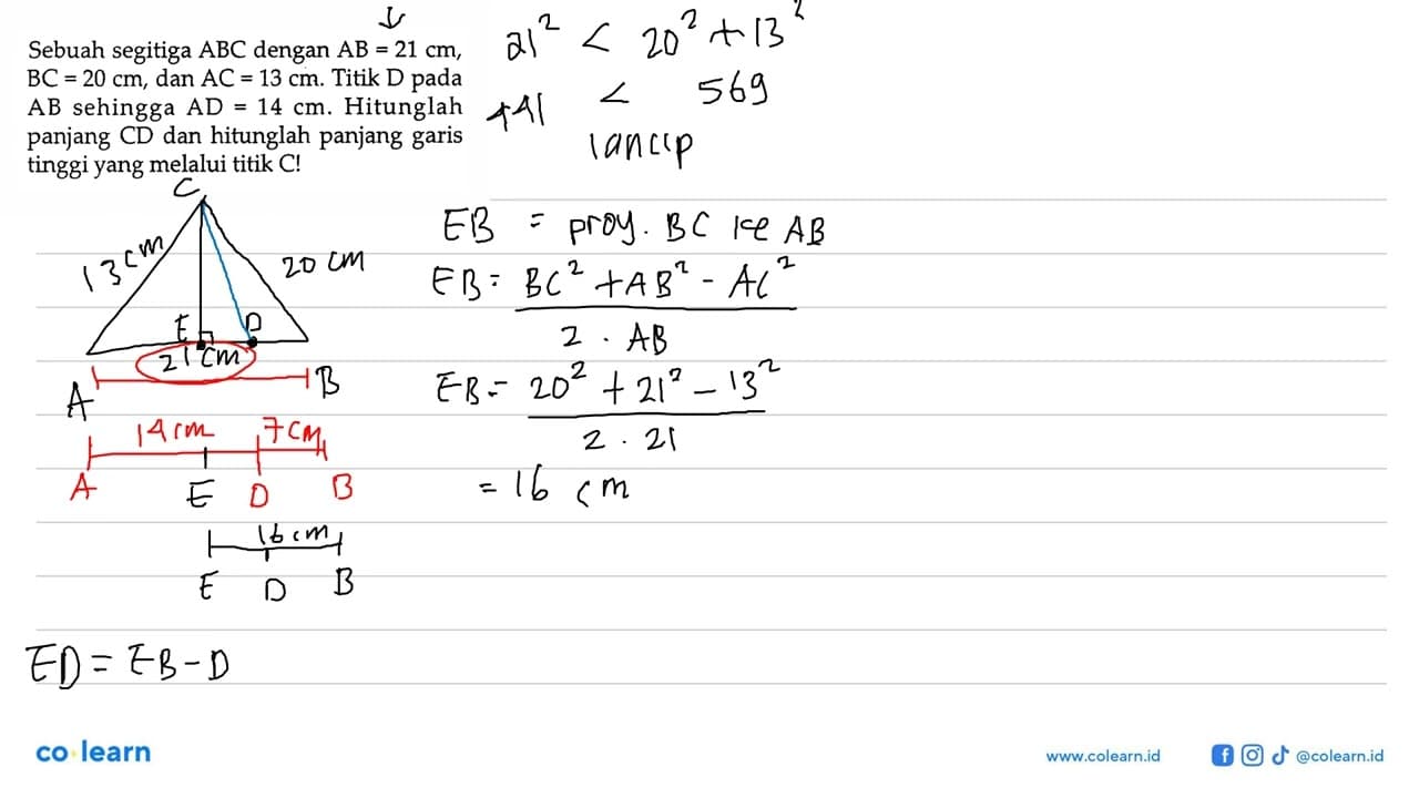 Sebuah segitiga ABC dengan A B=21 cm , B C=20 cm , dan A