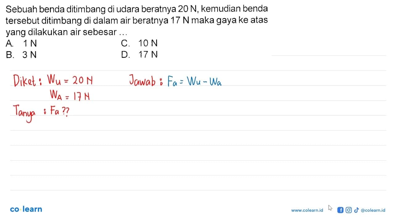 Sebuah benda ditimbang di udara beratny 20 N, kemudian