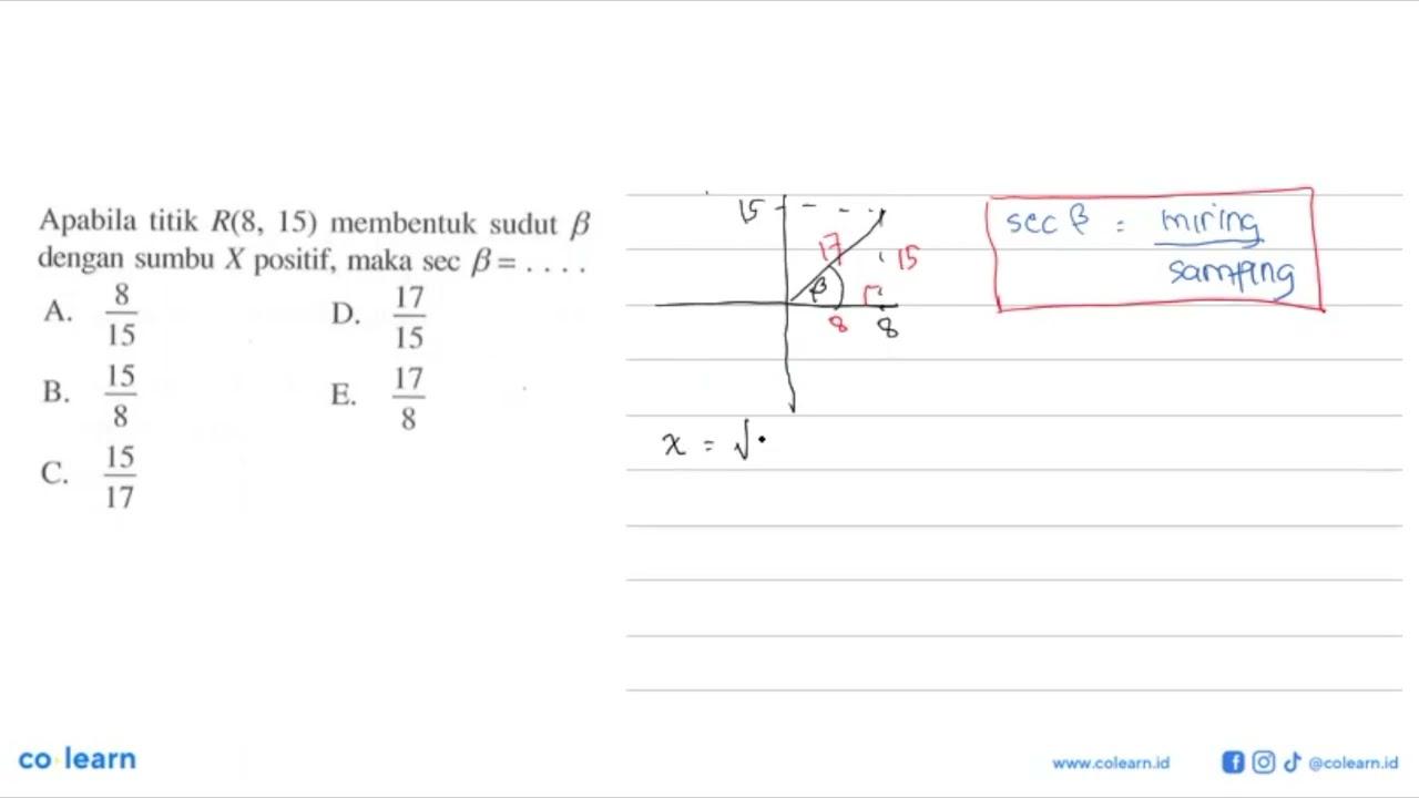 Apabila titik R(8, 15) membentuk sudut betha dengan sumbu X