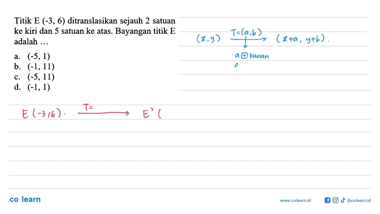 Titik E(-3,6) ditranslasikan sejauh 2 satuan ke kiri dan 5
