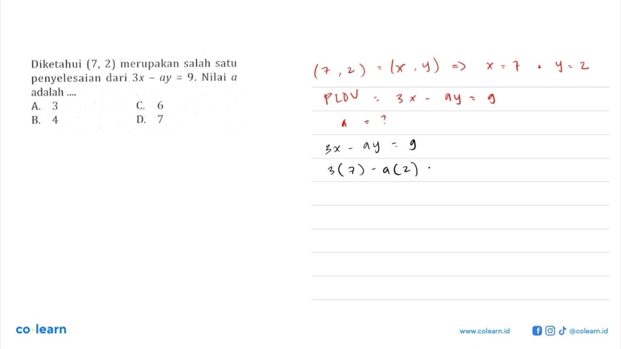 Diketahui (7, 2) merupakan salah satu penyelesaian dari 3x