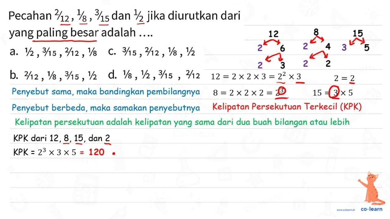 Pecahan 2 / 12,1 / 8,3 / 15 dan 1 / 2 jika diurutkan dari