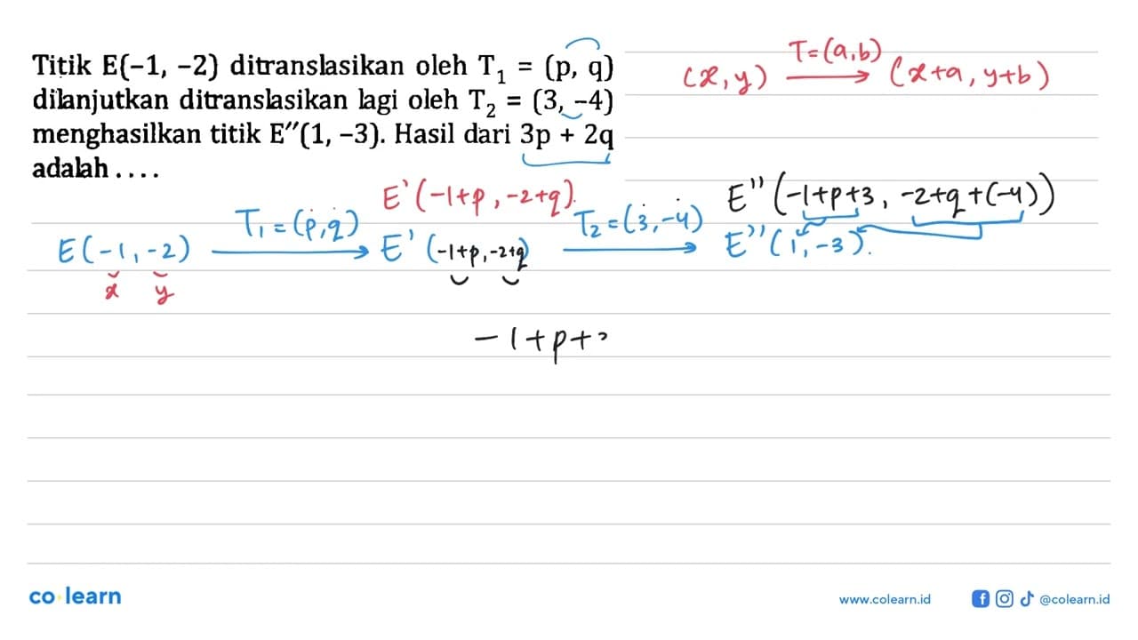 Titik E(-1,-2) ditranslasikan oleh T1=(p, q) dilanjutkan