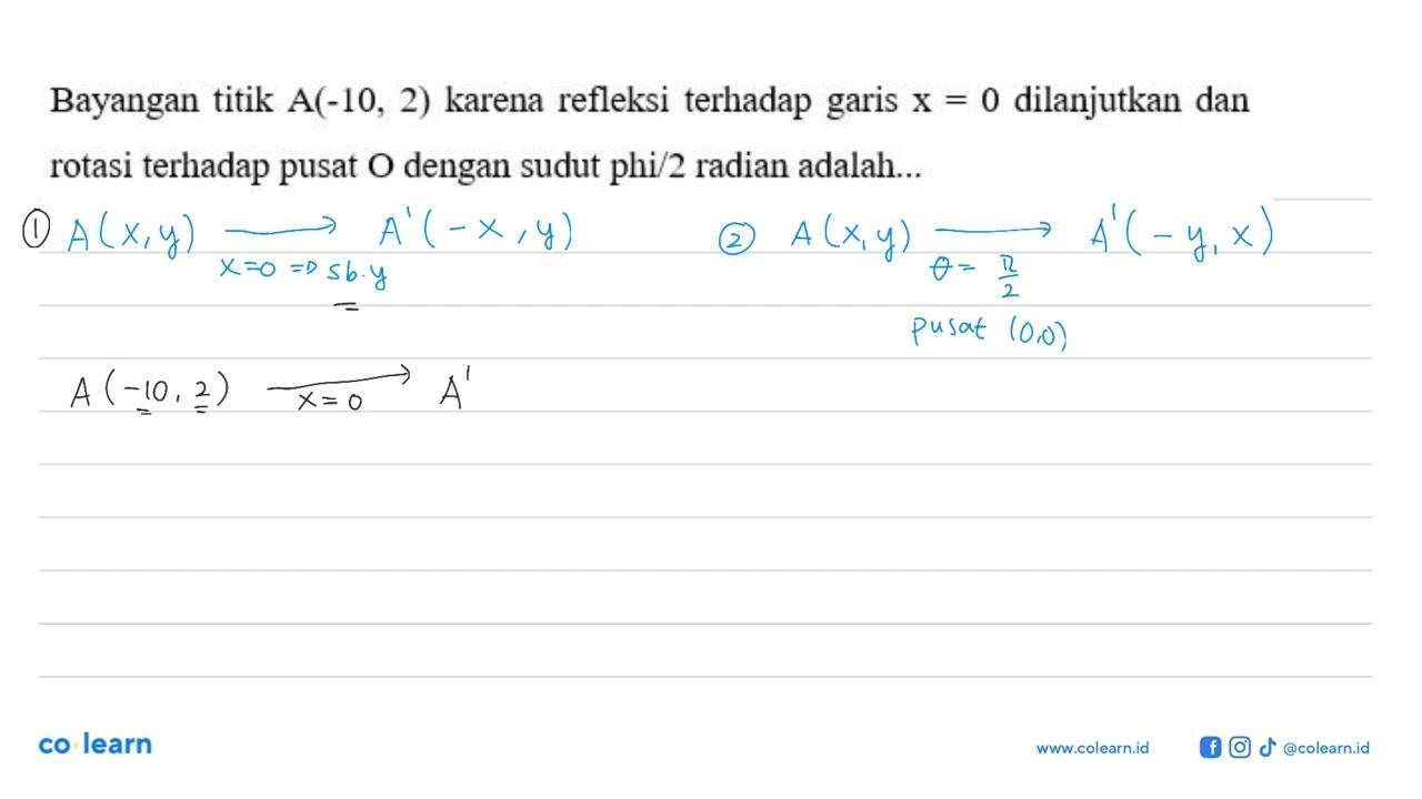 Bayangan titik A(-10, 2) karena refleksi terhadap garis x=0