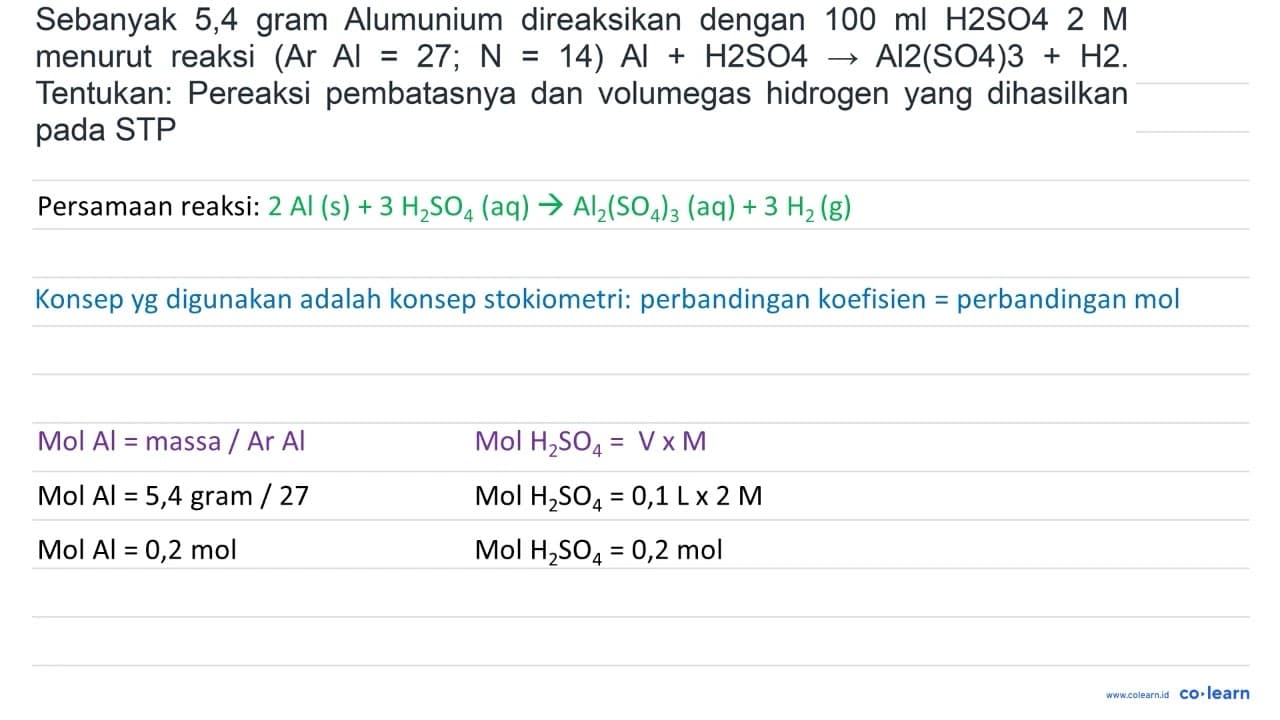 Sebanyak 5,4 gram Alumunium direaksikan dengan 100 ml H HO4