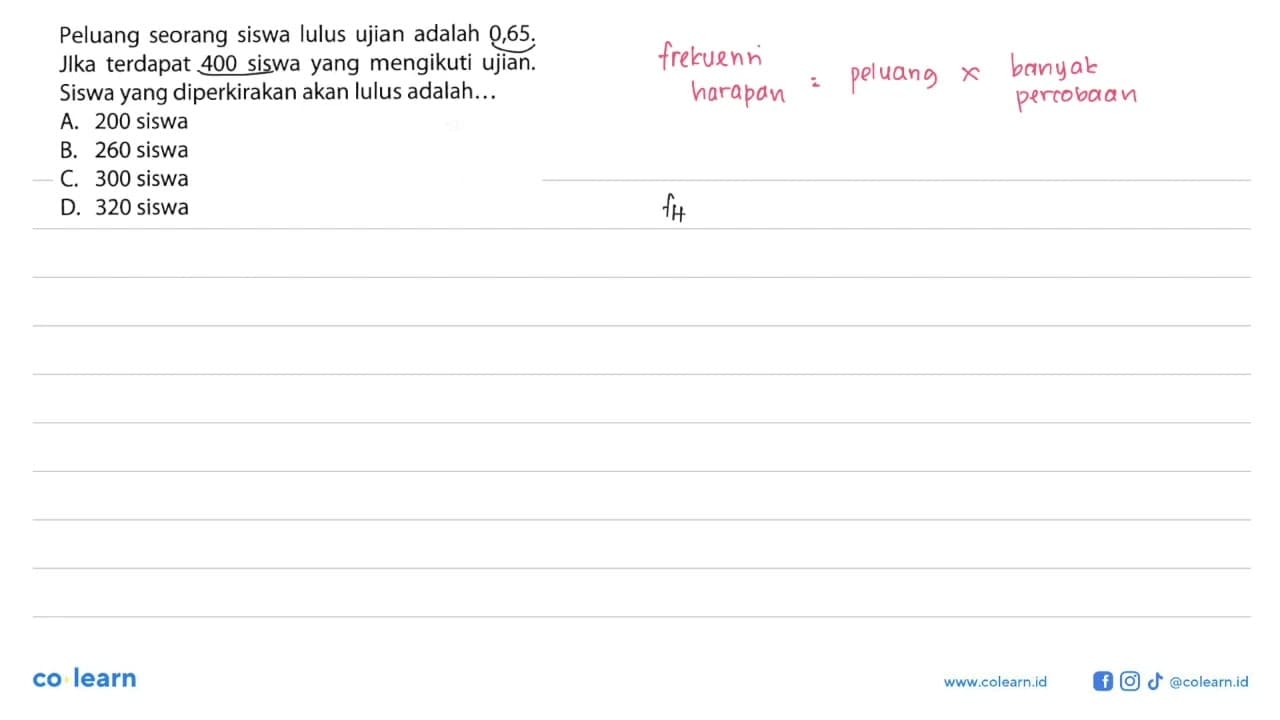 Peluang seorang siswa lulus ujian adalah 0,65. Jika