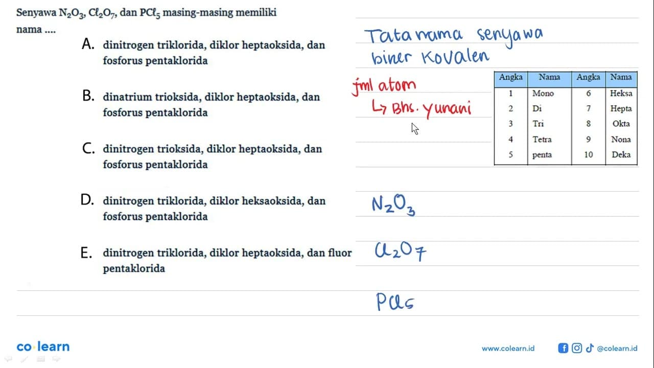 Senyawa N2O3, Cl2O7, dan PCl5 masing-masing memiliki nama