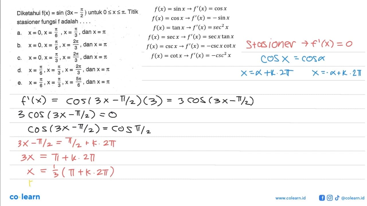 Diketahui f(x)=sin (3x-pi/2) untuk 0<=x<=pi. Titik