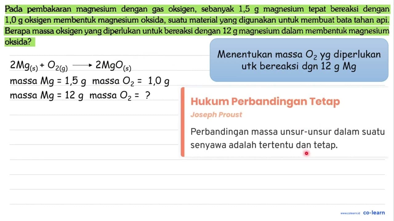 Pada pembakaran magnesium dengan gas oksigen, sebanyak 1,5