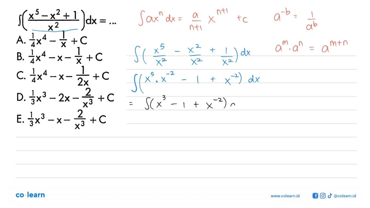 integral ((x^5-x^2+1)/(x^2)) dx=....