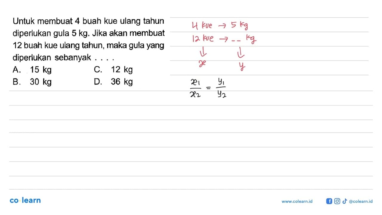 Untuk membuat 4 buah kue ulang tahun diperlukan gula 5 kg.