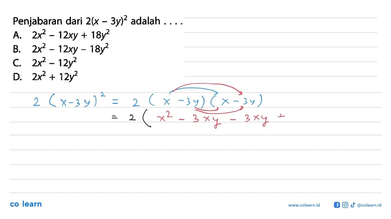 Penjabaran dari 2(x - 3y)^2 adalah . . . .