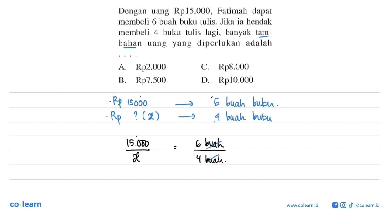 Dengan uang Rp15.000, Fatimah dapat membeli 6 buah buku