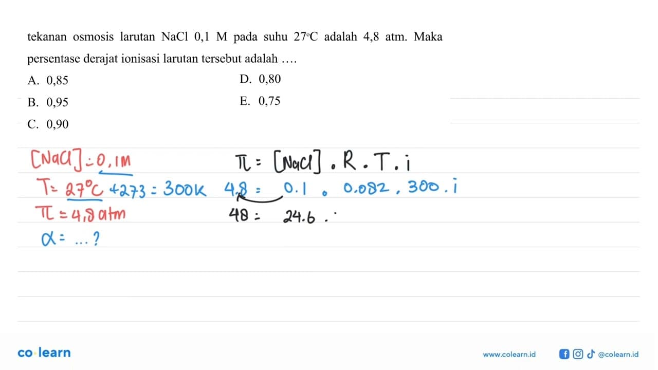 tekanan osmosis larutan NaCl 0,1 M pada suhu 27 C adalah