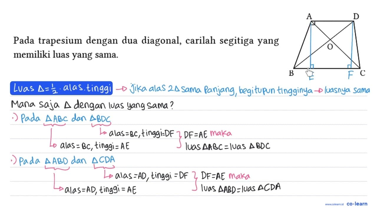 Pada trapesium dengan dua diagonal, carilah segitiga yang