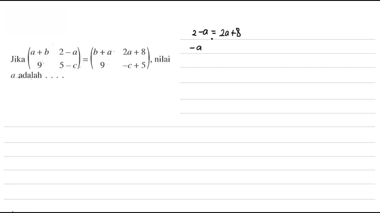 Jika (a+b 2-a 9 5-c)=(b+a 2a+8 9 -c+5), nilai alpha adalah