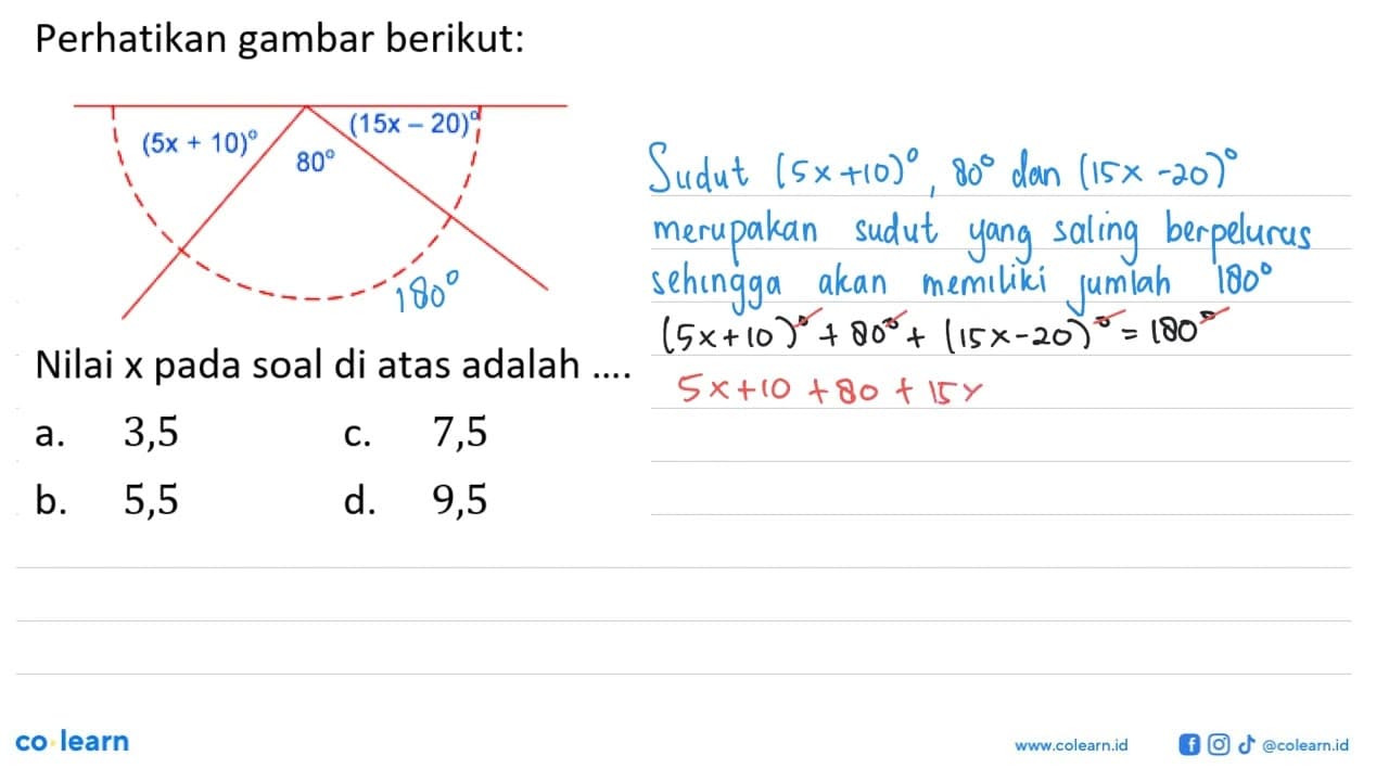 Perhatikan gambar berikut: (5x+10) 80 (15x-20) Nilai x pada