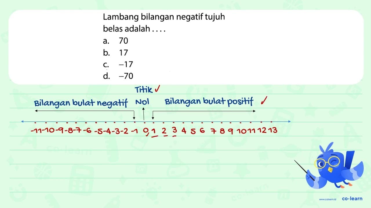 Lambang bilangan negatif tujuh belas adalah .... a. 70 b.