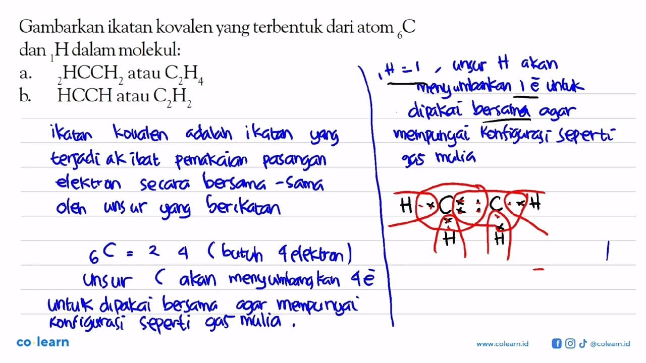 Gambarkan ikatan kovalen yang terbentuk dari atom 6C dan