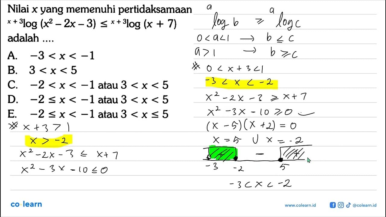 Nilai x yang memenuhi pertidaksamaan x+3log(x^2-2