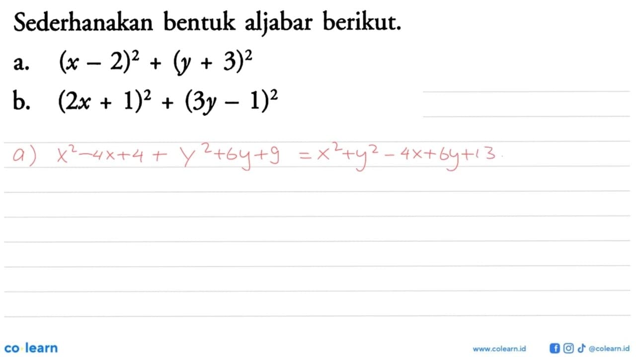 Sederhanakan bentuk aljabar berikut. a. (x - 2)^2 + (y +