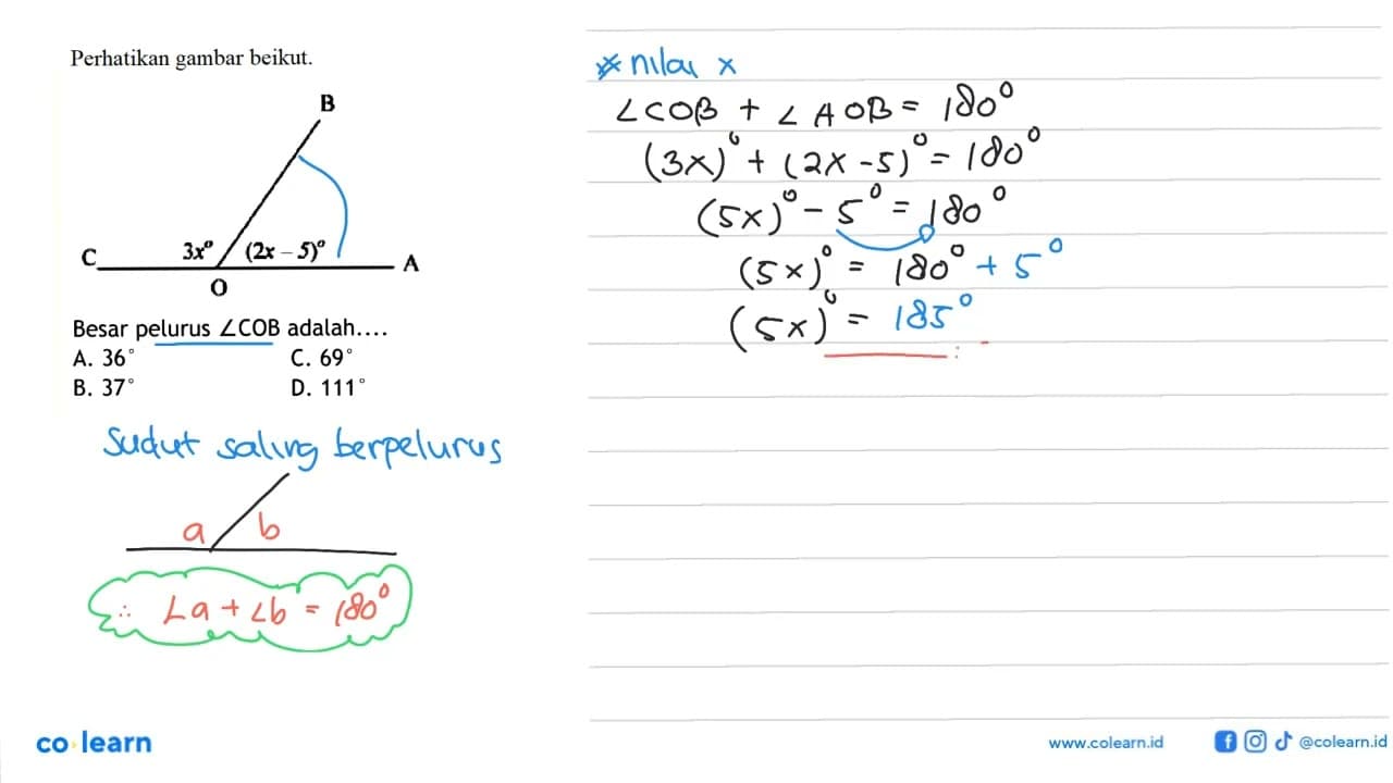 Perhatikan gambar beikut. 3x (2x-5) Besar pelurus sudut COB