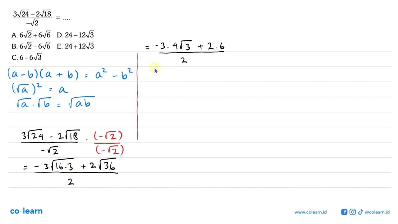 (3akar(24) - 2akar(18))/(-akar(2)) = ....