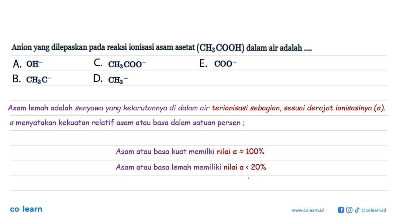 Anion yang dilepaskan pada reaksi ionisasi asam asetat (CH3