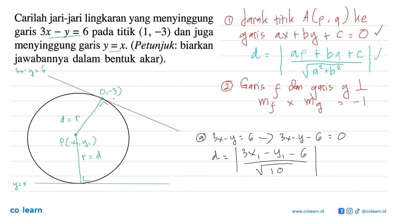 Carilah jari-jari lingkaran yang menyinggung garis 3x-y=6