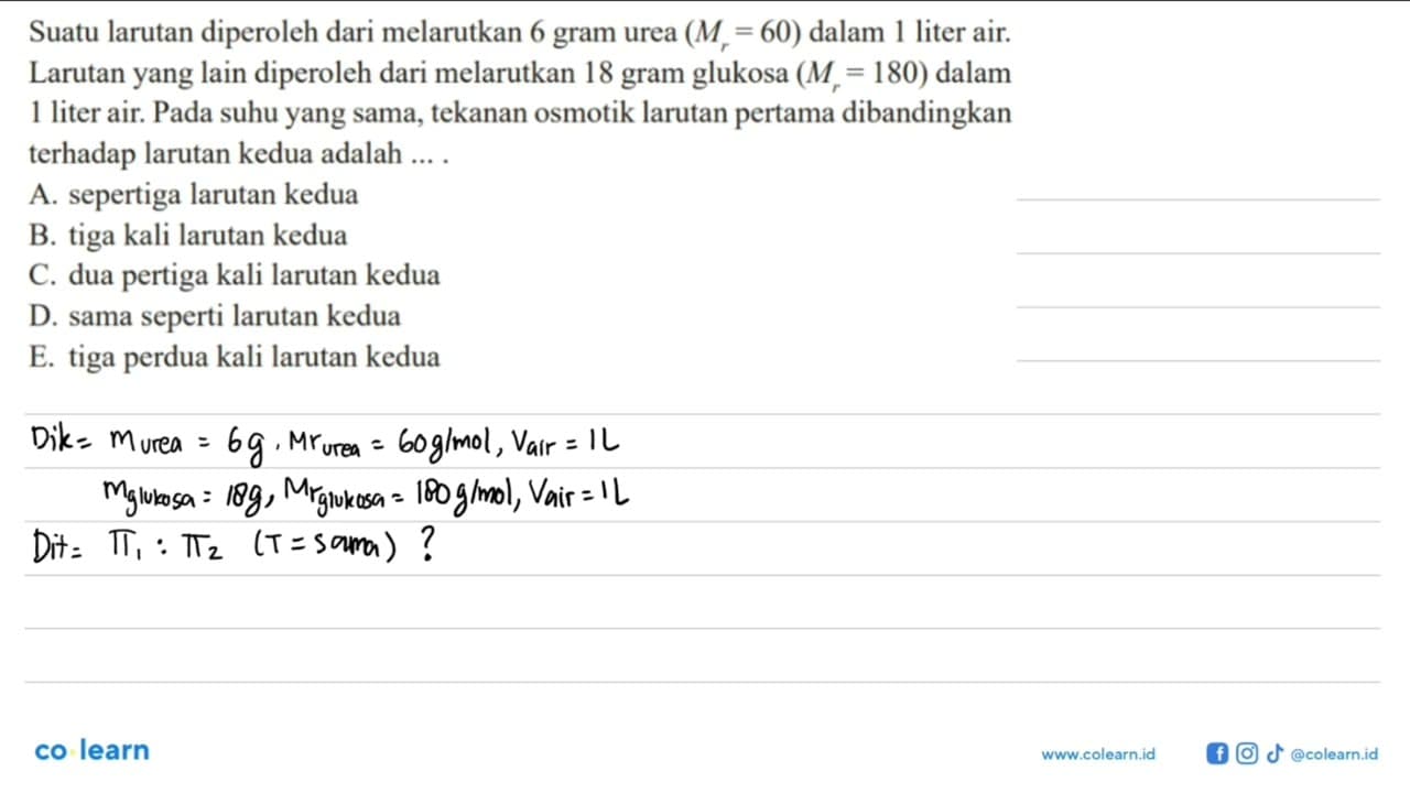 Suatu larutan diperoleh dari melarutkan 6 gram urea (Mr =