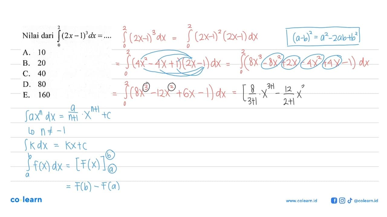 Nilai dari integral 0 2 (2x-1)^3 dx=....