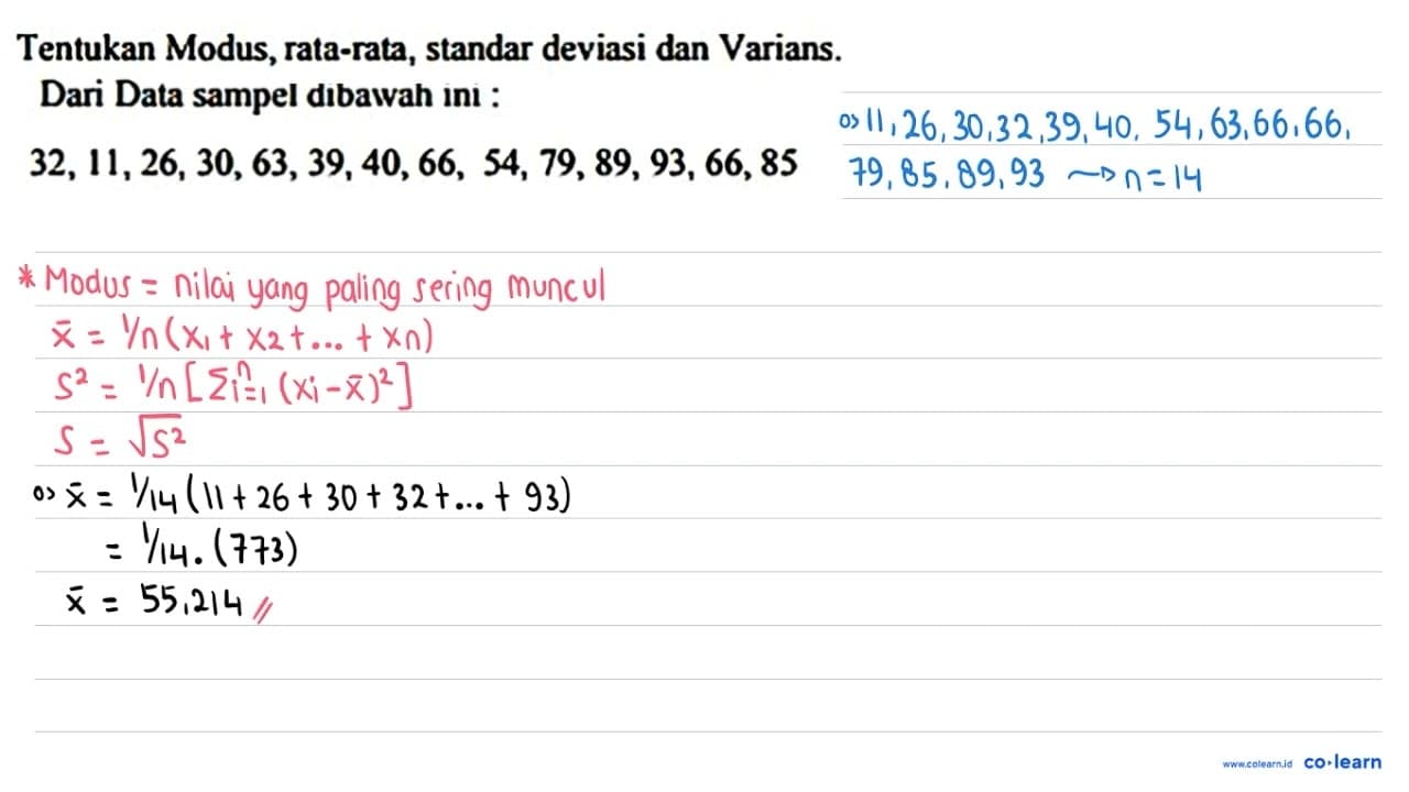 Tentukan Modus, rata-rata, standar deviasi dan Varians.