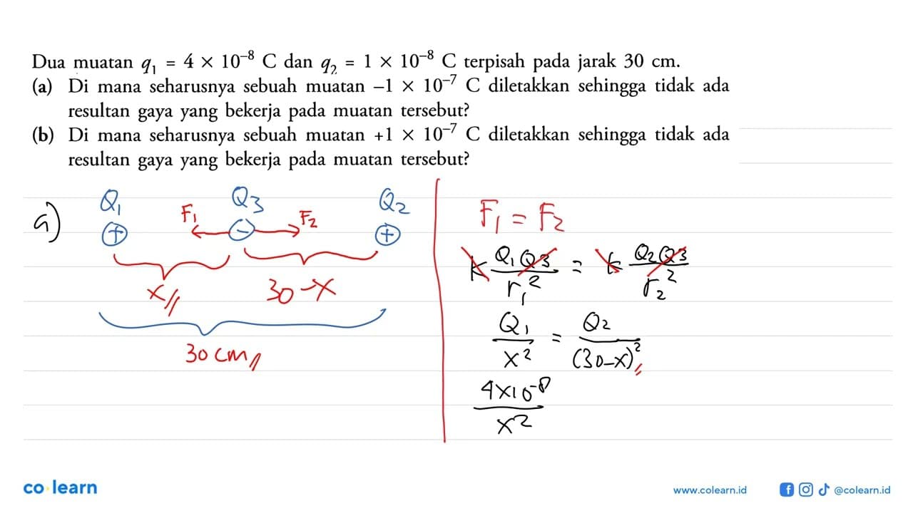 Dua muatan q1=4 x 10^(-8) C dan q2=1 x 10^(-8) C terpisah