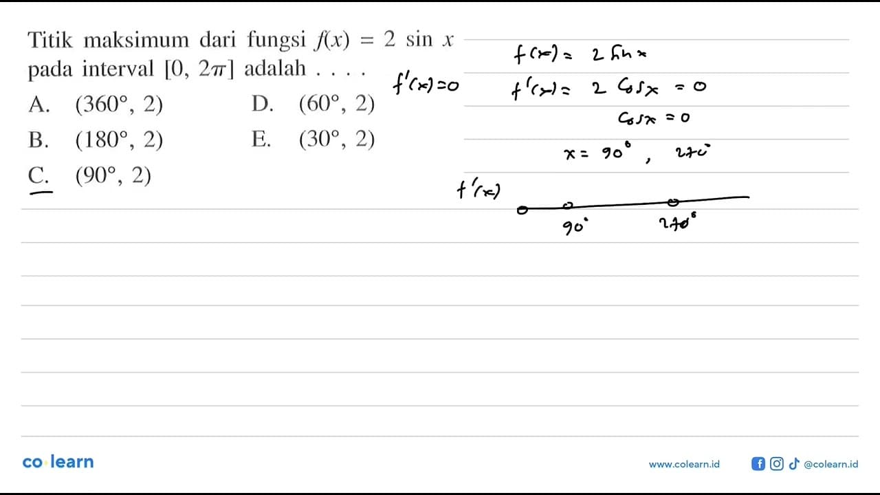 Titik maksimum dari fungsi f(x)=2 sin x pada interval [0,2