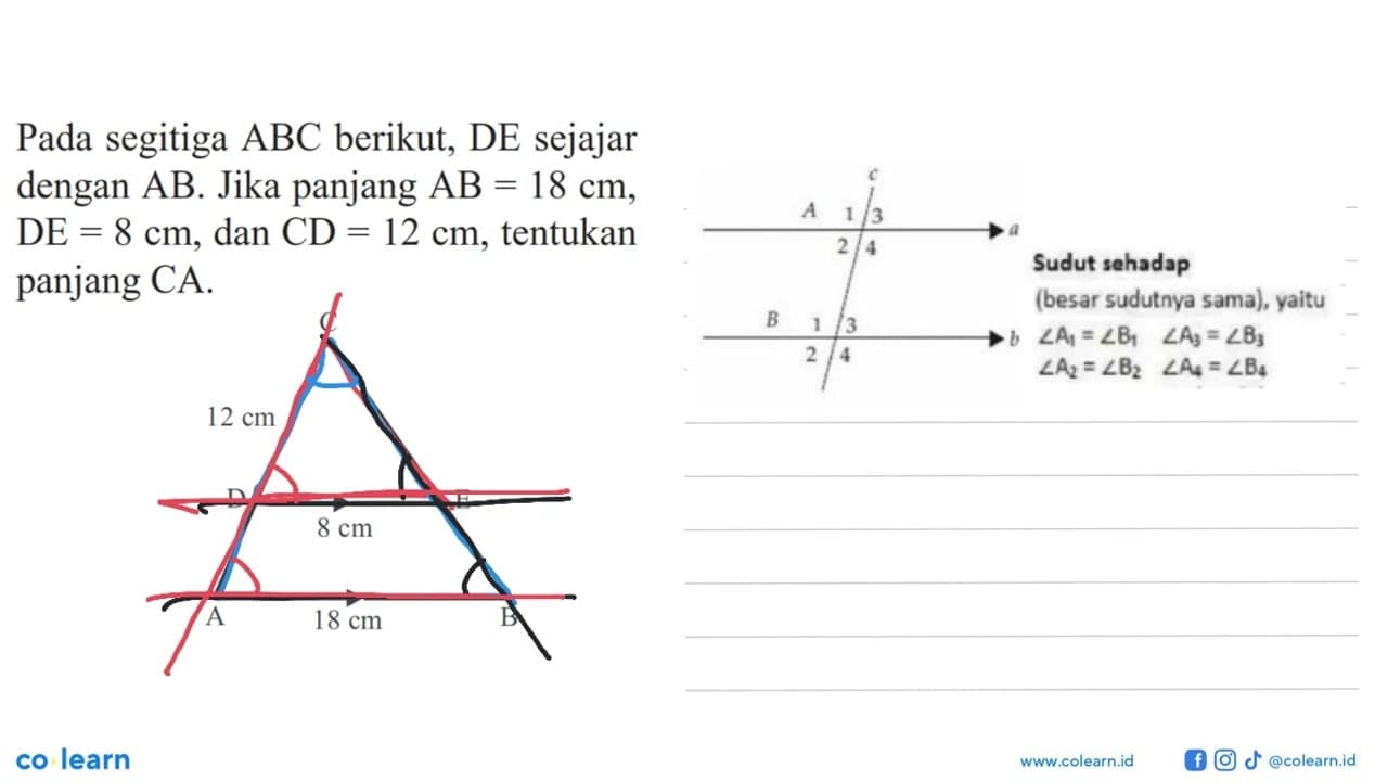 Pada segitiga ABC berikut, DE sejajar dengan A B . Jika