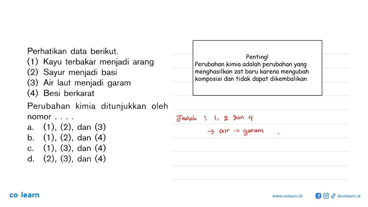 Perhatikan data berikut. (1) Kayu terbakar menjadi arang