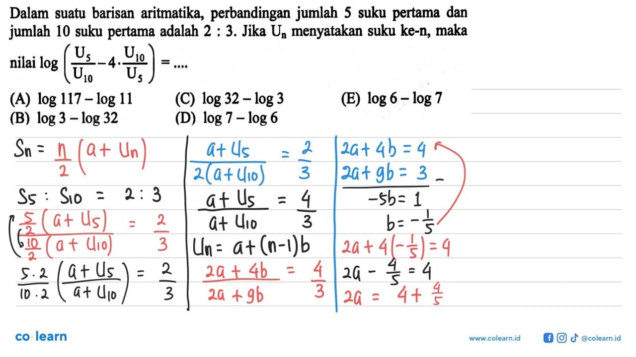 Dalam suatu barisan aritmatika, perbandingan jumlah 5 suku