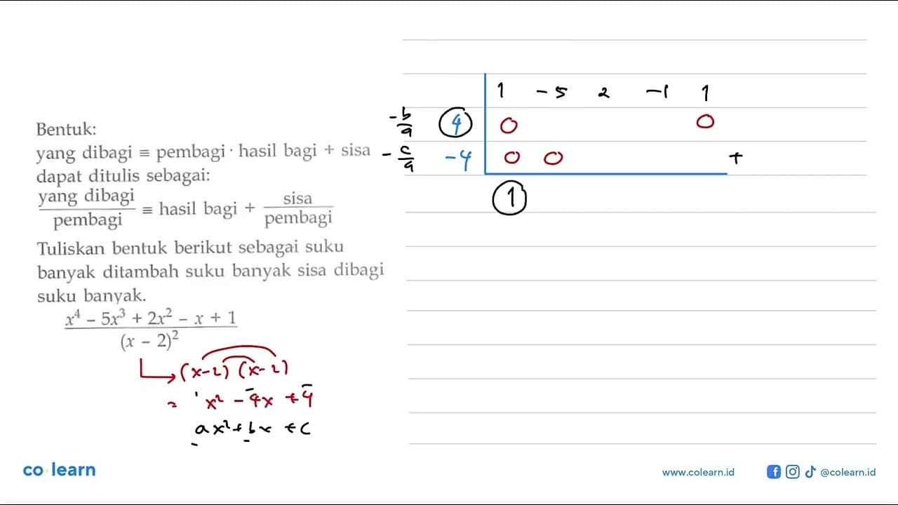 Bentuk: yang dibagi=pembagi.hasil bagi+sisa dapat ditulis