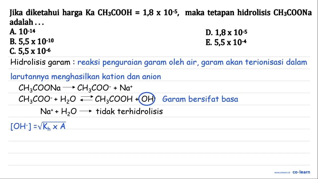 Jika diketahui harga Ka CH3COOH = 1,8 x 10^(-5), maka