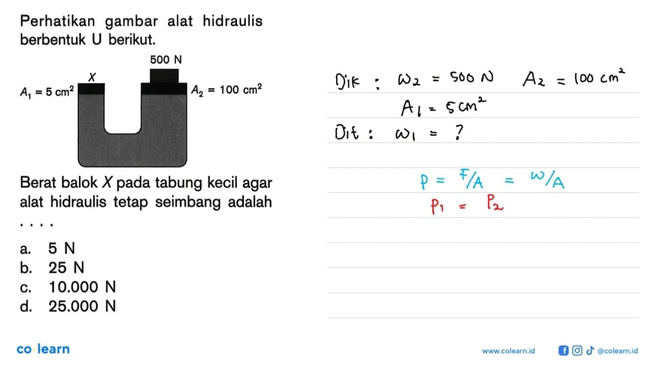 Perhatikan gambar alat hidraulis berbentuk U berikut. A1=5