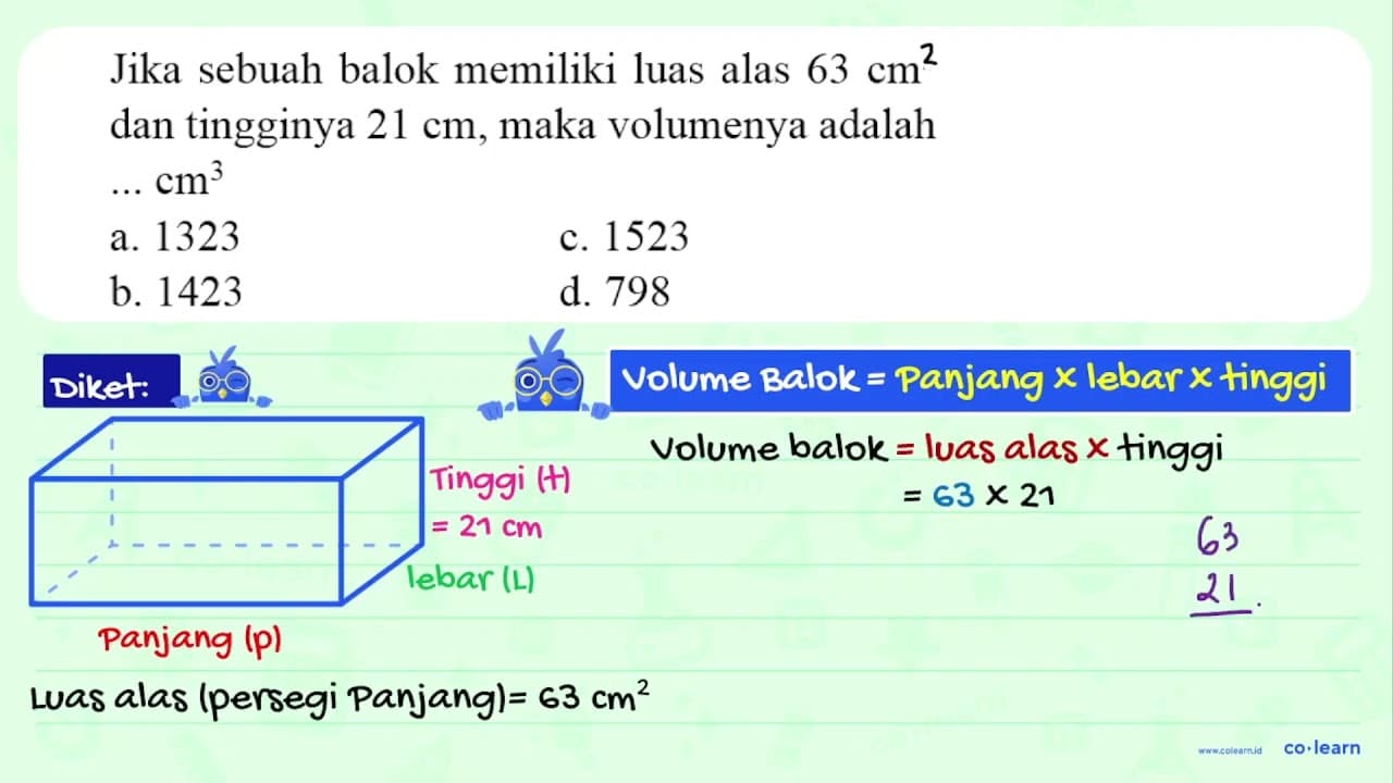 Jika sebuah balok memiliki luas alas 63 cm^(3) dan