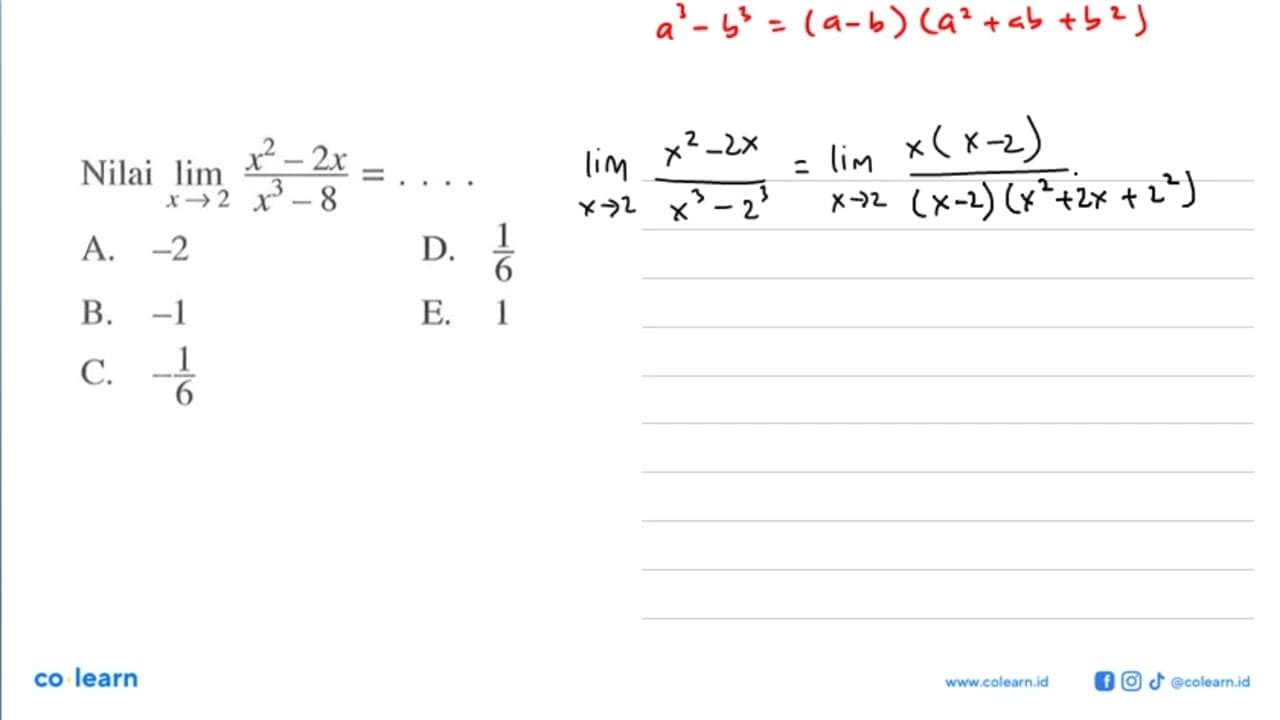 Nilai lim x->2 (x^2-2x)/(x^3-8)=....