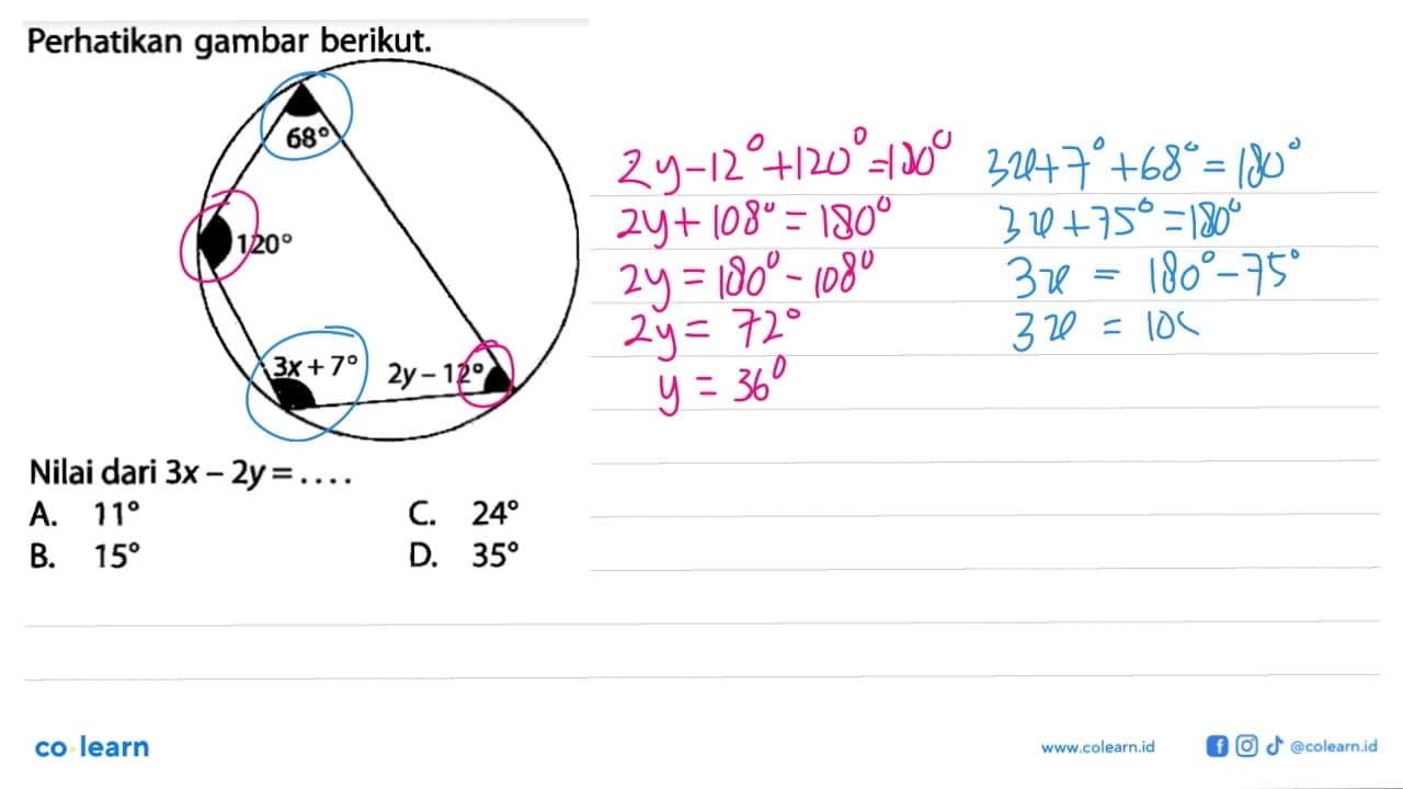 Perhatikan gambar berikut.68 120 3x+7 2y-12 Nilai dari