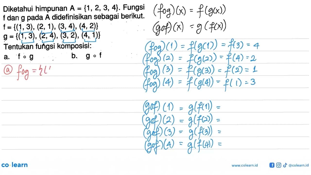 Diketahui himpunan A={1,2,3,4} . Fungsi f dan g pada A