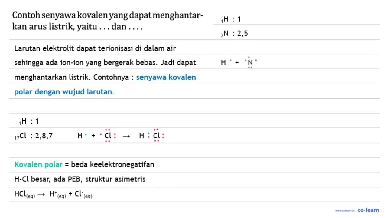 Contoh senyawa kovalen yang dapat menghantarkan arus